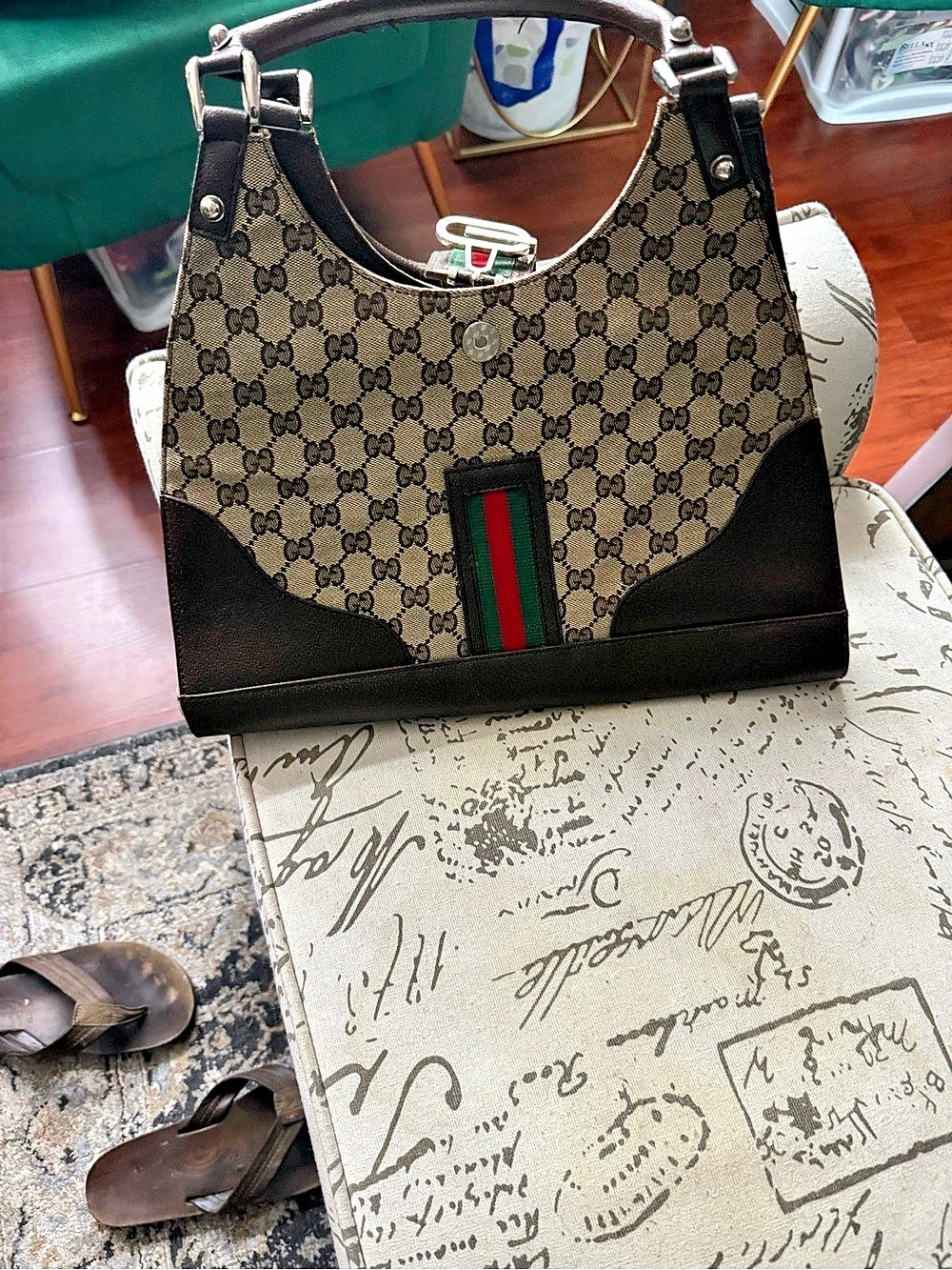 Gucci GG Canvas Web Stripe Hobo Shoulder Bag Brown & Beige